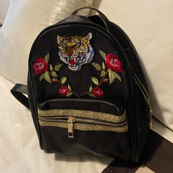 Black satin and embroidered small backpack (purse) - Picture 2 of 8